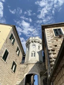 Low-angle view of the Sat Kula Clock Tower in Herceg Novi, Montenegro Stock Photos