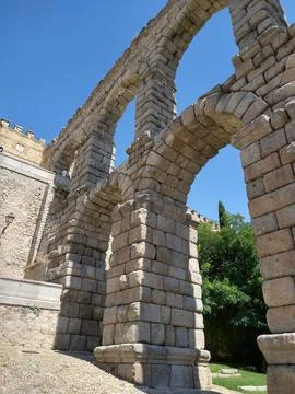 Low-angle view of a section of a large roman stone aqueduct Stock Photos