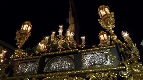 Low Angle View of Semana Santa Float in Malaga at Night Stock Footage 336007631