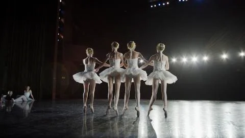 Low angle view of serious ballet dancers in costume performing onstage in show 스톡 사진
