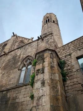 Low angle view on the side facade of Cathedral of Barcelona.  Stock Photos