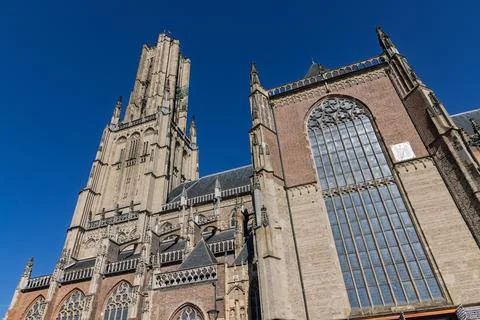 Low angle view of the side facade of Eusebius Church in Arnhem, showing large Stock Photos