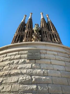 Low angle view of Sign behind Nativity Facade of the Sagrada Familia cathedral Stock Photos