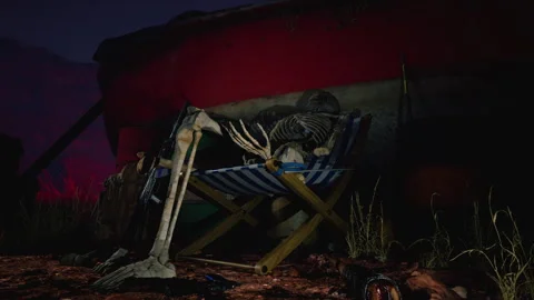 Low angle view of a skeleton in a deck chair with a rifle, at night Stock Footage 318321382