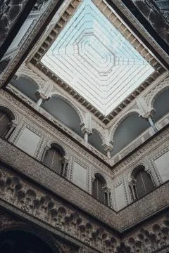 Low angle view of skylight in Dolls Courtyard of ??the Mudejar Palace in Alca Stock Photos