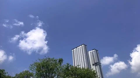 Low Angle View of Skyscraper Buildings and Green Trees Under Blue Sky Fotos Stock