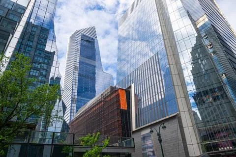 Low angle view of skyscraper with Sky deck observatory Edge in Hudson Yards Stock Photos