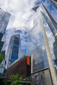 Low angle view of skyscraper with Sky deck observatory Edge in Hudson Yards Stock Photos