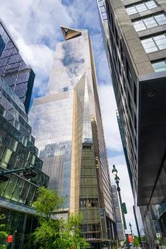 Low angle view of skyscraper with Sky deck observatory Edge in Hudson Yards Stock Photos