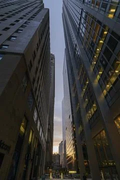 Low angle view of skyscrapers in Manhattan Stock Photos