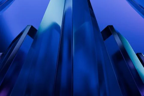 Low-angle view of sleek, modern skyscrapers with reflective blue glass faca.. Ilustración de archivo