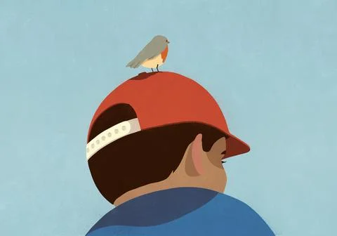 Low angle view small bird perched on red baseball cap on boy's head Stock Illustration