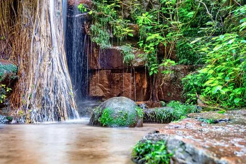 Low angle view of a small mountain stream waterfall Stock Photos