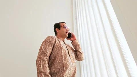 Low-angle view of smiling Indian businessman making a mobile call Stock Footage 319010749