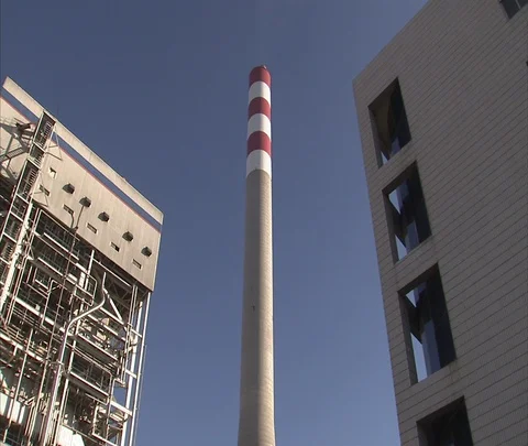 Low angle view of smokestack at Shenhua Sanhe power plant. Stock Footage 86745840