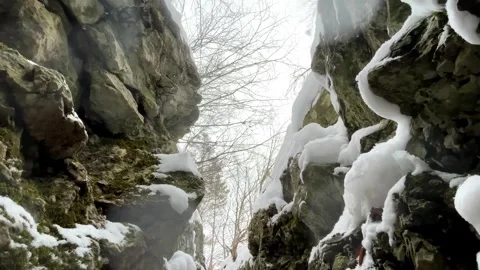 Low angle view of snow covered rocky canyon with falling snow in winter forest Stock Footage 325477386