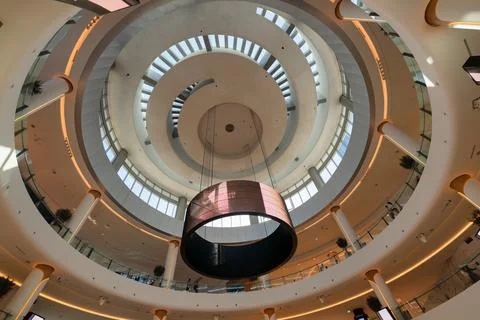 Low-angle view of spiral atrium and circular LED screen, Dubai Mall Stock Photos