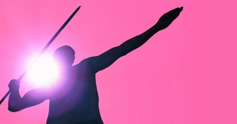 Low angle view of sportsman practising javelin throw  against pink background Stock Illustration