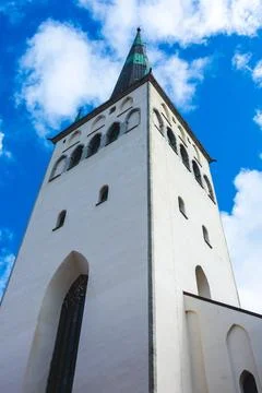 Low angle view of St. Olaf's Church tower, Tallinn. Stock Photos