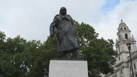 A low angle view of the statue of Winston Churchill. Stock Footage 159906166