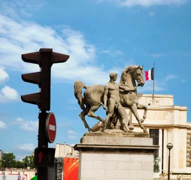 Low angle view of statues of a man with a horse, Paris, France 스톡 사진