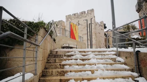 Low angle view from steadicam of The Jaffa Gate entrance to western edge of the Stock Footage 170611652