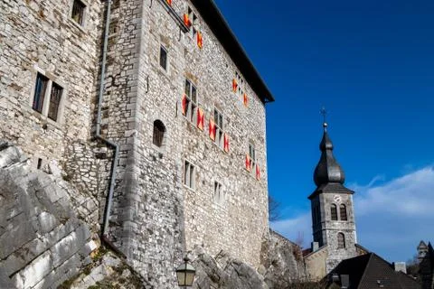 Low angle view at  Stolberg castle and church tower in Stolberg, Eifel Stock Photos
