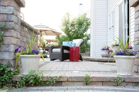 Low Angle View of Stone Patio of Affluent Home Stock Photos