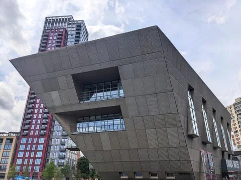 Low angle view of the striking geometric facade of the Canada Water Library in Stock Photos