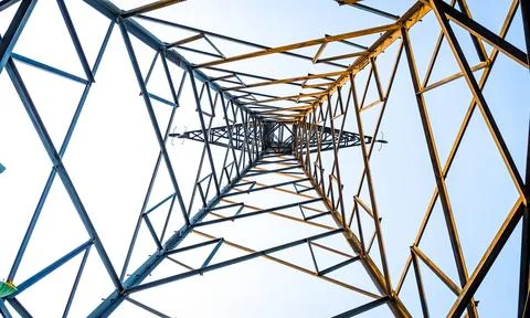 Low angle view of The structure of the high-voltage power pylon Stock Photos