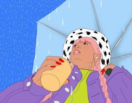 Low angle view of stylish young woman with drink holding umbrella in rain Ilustración de archivo