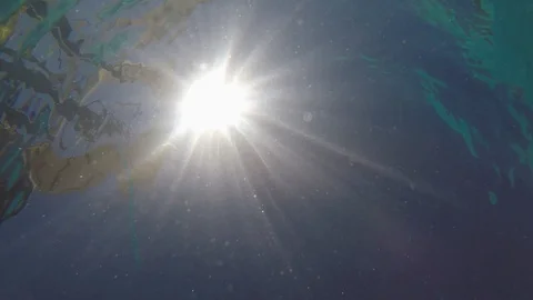 Low angle view of sun and slides of aquapark from underwater of swimming pool Video stock 123726491