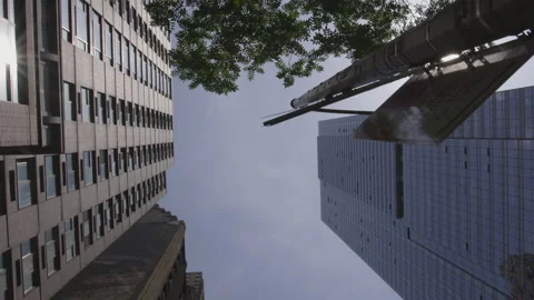 Low Angle View of Tall New York City Skyscrapers on Bright Sunny Day Vidéo 208750677