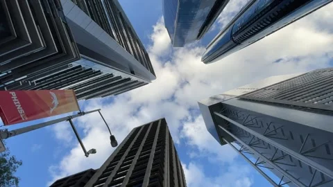 Low angle view of tall skyscrapers in Central Business District of Brisbane Stock Footage 282867729