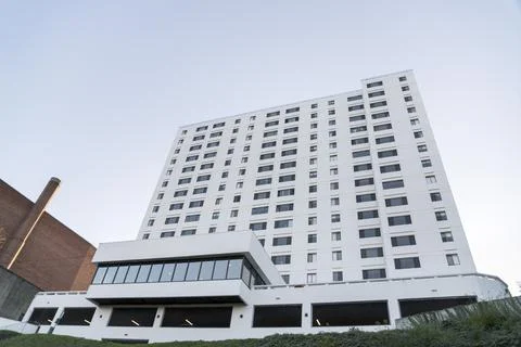 Low angle view of a tall white building at Tacoma, Washington Stock Photos