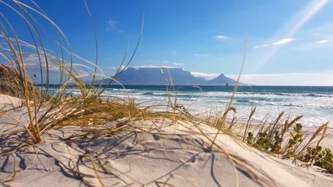 Low angle view through sandy beach grass to Table mountain para surfers in Video stock 100464182