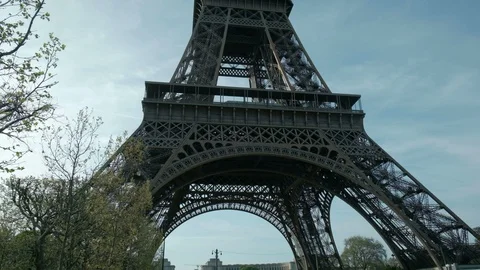 Low Angle View Tilt Up Base To Tip Eiffel Tower Paris Sunny Day Stock Footage 92102990