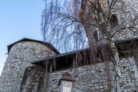 Low angle view at a tower and tree of Stolberg castle in Stolberg, Eifel Stock Photos