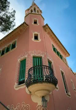 Low angle view of the tower on Antoni Gaudi House Museum. Barcelona, Spain. Casa Stock Photos