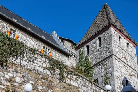 Low angle view at a tower of Stolberg castle in Stolberg, Eifel Stock Photos