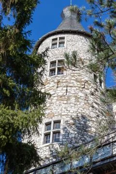 Low angle view at a tower of Stolberg castle in Stolberg, Eifel Stock Photos