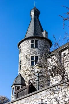 Low angle view at a tower of Stolberg castle in Stolberg, Eifel Stock Photos