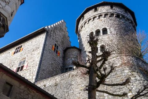 Low angle view at a tower of Stolberg castle in Stolberg, Eifel Stock Photos