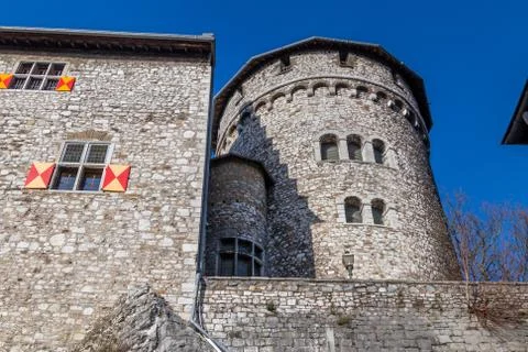 Low angle view at a tower of Stolberg castle in Stolberg, Eifel Stock Photos