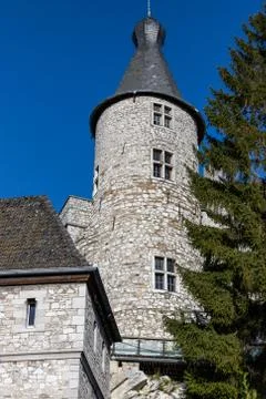 Low angle view at a tower of Stolberg castle in Stolberg, Eifel Stock Photos