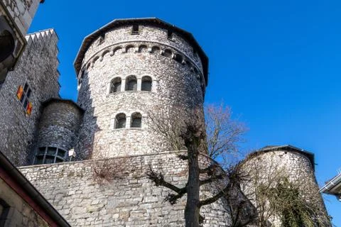 Low angle view at a tower of Stolberg castle in Stolberg, Eifel Stock Photos