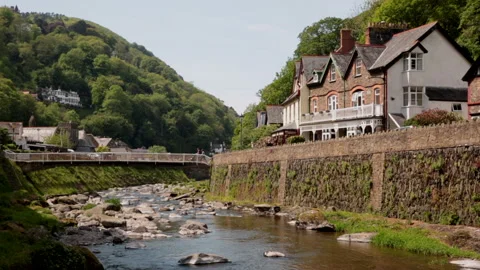 Low angle view of the town of Lynmouth in Devon Stock Footage 142437123