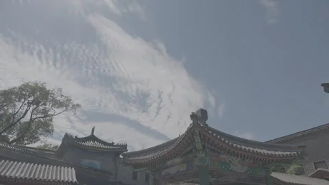 Low Angle View of Traditional Chinese Temple Roof Against Blue Sky Stock Footage 345470643