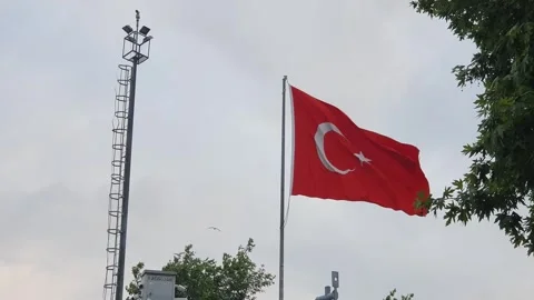 Low angle view of a Turkish flag waving , Turkey Flag Stock Footage 249174255