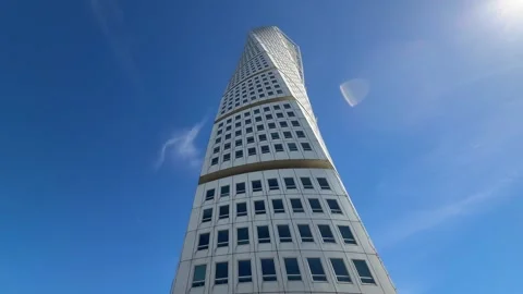 Low angle view of Turning Torso skyscraper landmark in Malmo city, Sweden Stock Footage 339287154